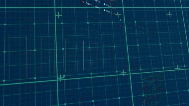 Animation of green tartan and financial data on navy background
