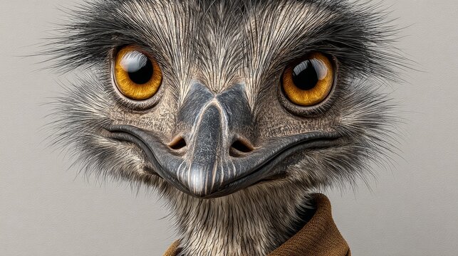 Cartoon-style emu character with large expressive eyes, wearing a brown shirt, showcasing a whimsical personality and unique charm, perfect for creative projects and illustrations