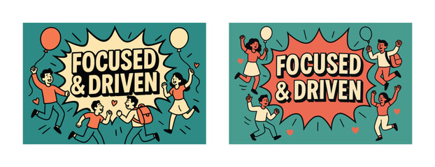 Focused and driven: energetic cartoon characters celebrating success