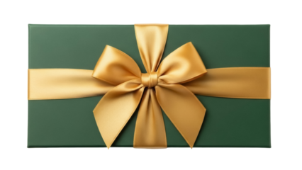 Elegant green gift box with golden ribbon isolated on transparent PNG, present for Christmas or birthday celebration and special occasions