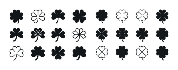 Variety of black and white clover icons for luck and design projects