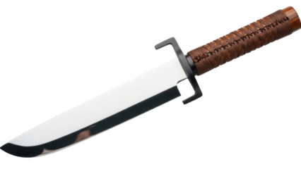 Japanese tanto knife isolated PNG, short sword with brown handle and black guard on transparent background, martial arts weapon