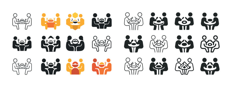 Diverse icon set of people dining and socializing in various styles