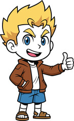 Obraz premium Cute cartoon boy character giving thumbs up gesture smiling friendly mascot illustration isolated vector design for kids branding and advertising