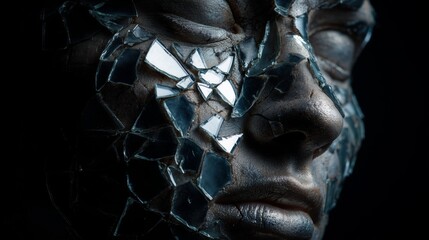 Close-up of a woman's face with shattered mirror shards, conveying mystery and introspection.