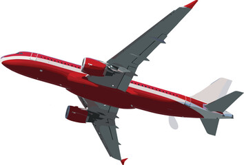 Red commercial airplane in flight, jet aircraft side view, modern aviation transport, airborne travel concept, aerodynamic design, flat vector