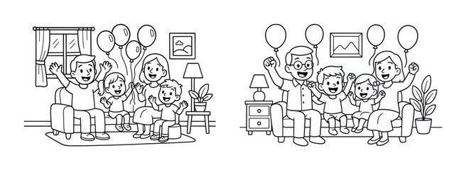 Naklejka premium Cartoon family celebration with balloons in living room scene