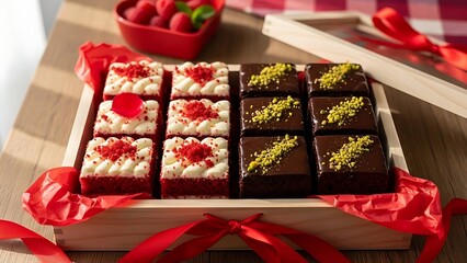 Valentine cake gift box with red velvet and chocolate brownies