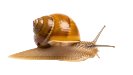 Garden snail isolated PNG on transparent background, brown shell snail with antennae, crawling slowly, gastropod mollusk, nature wildlife, animal