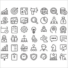 Business and Startup Outline Icons Set &ndash; Strategy, Growth, Finance, Marketing Vector