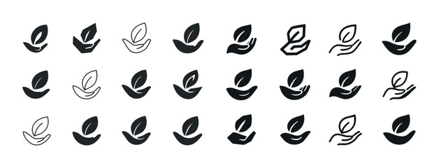 Naklejka premium Set of black leaf and hand icons for nature and sustainability designs