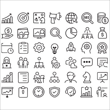 Business and Startup Outline Icons Set &ndash; Strategy, Growth, Finance, Marketing Vector