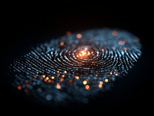 A glowing digital fingerprint on a dark background symbolizes security and identification technology.