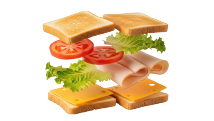 Deconstructed sandwich PNG isolated on transparent background, with bread, cheese, ham, lettuce, and tomato, food preparation concept