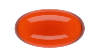 Shiny orange oval capsule isolated PNG, single translucent gel pill for medicine and healthcare on transparent background