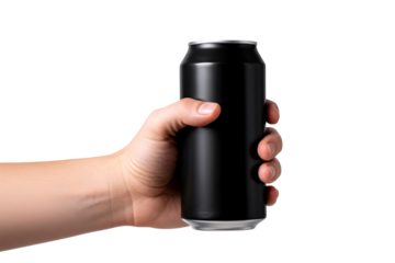 Hand holding black soda can isolated on transparent background