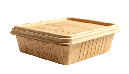 Biodegradable takeaway food container made of sugarcane fibre, eco-friendly packaging design, natural texture, clean presentation, isolated on transparent background.