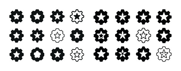 Black and white gear icons with star design in various styles