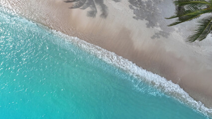 Naklejka premium Aerial view of Summer palm tree and Tropical beach wave water seashore background