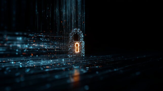 Futuristic digital padlock symbolizing cybersecurity in a glowing network landscape. - Powered by Adobe