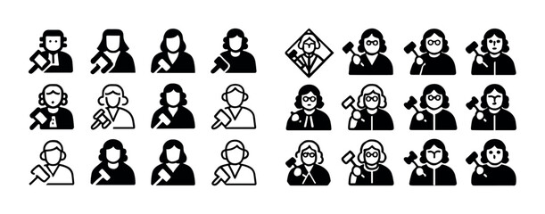 Obraz premium Icon set of diverse judges: varied styles and symbolism in legal representation