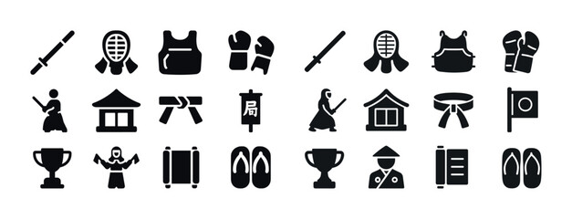 Martial arts icon set: katana, kimono, dojo, belt, trophy