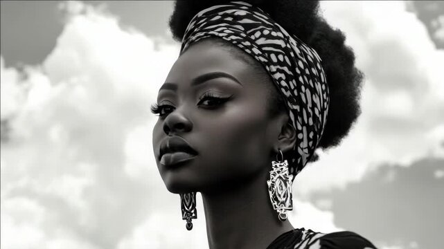 African American model looking to her right. She wears a patterned scarf, headband, and earrings.