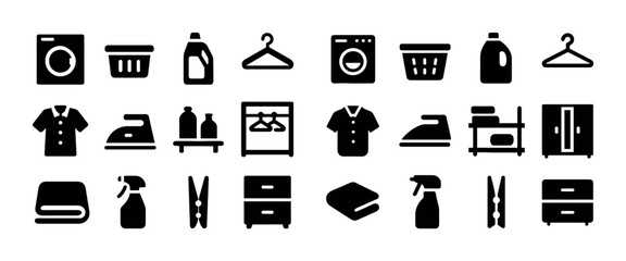 Laundry icons set: washing machines, detergent, hangers, clothing