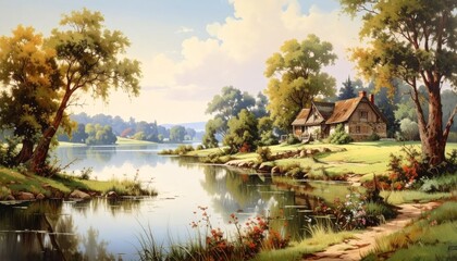 Obraz premium Vintage Countryside Landscape with Trees, Bushes, River, Lake, and Old Houses
