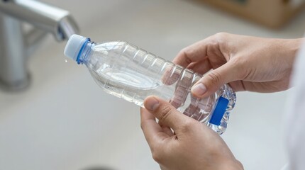 A person is holding a clear plastic water bottle with a blue cap in their hands.