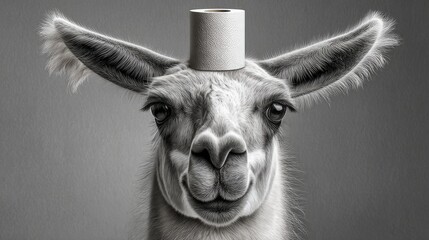 Obraz premium Llama with a roll of paper towel balanced on its head, showcasing a humorous and whimsical expression against a soft gray background, perfect for playful and lighthearted themes