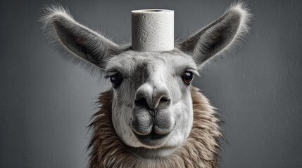Llama with a roll of toilet paper on its head, showcasing a humorous and whimsical expression against a minimalist gray background, perfect for lighthearted and playful themes