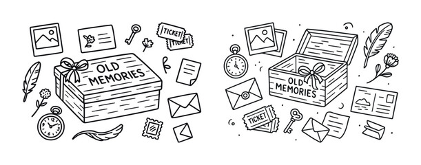 Vintage memory box with photos, letters, tickets, and clock illustrations