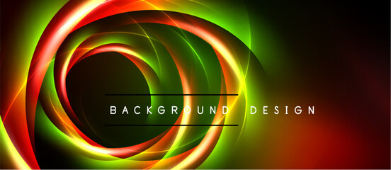 Vibrant circular neon lines create dynamic background. Red, green, orange hues blend, forming abstract design. Text reads background design.