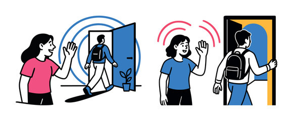 Illustration of people waving goodbye at an open doorway