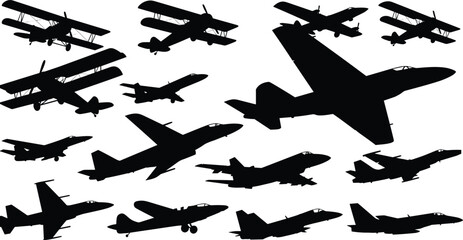 Military aircraft silhouette collection, jet fighters and biplanes, aviation evolution concept, black airplane icons, defense flight design, flat vector © MstFerdushe