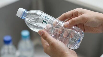 A person holding a clear plastic water bottle with a white cap in a modern setting