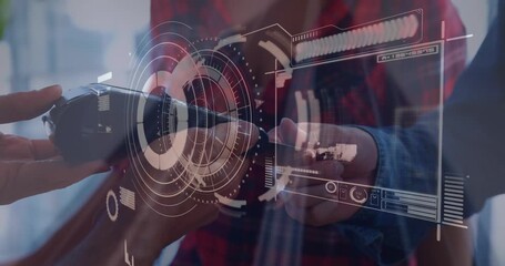 Animation of scope scanning and data processing over businessman wearing vr headset - Powered by Adobe