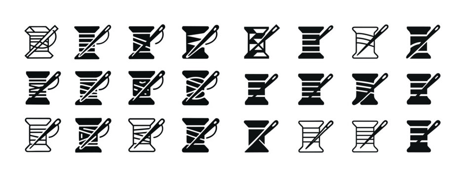 Minimalist sewing icons: various spools of thread and needles