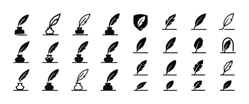 Collection of quill and inkpot icons in various styles