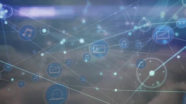 Animation of network of connections and data processing over cloudy sky