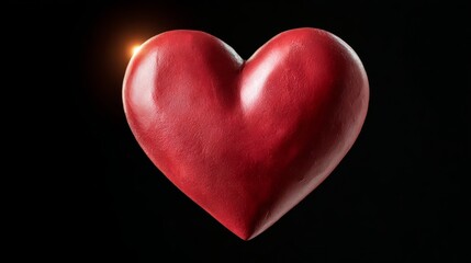 Red heart shape sculpture with a glossy finish, illuminated from the side, creating a warm glow against a dark background, symbolizing love and affection in a modern artistic style