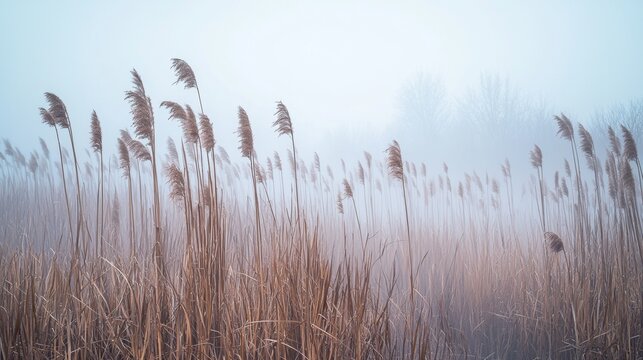 Misty morning scene with tall grass swaying in the wind at a wetlands area