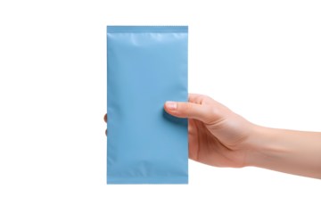 Hand holding blue rectangular object isolated on transparent background