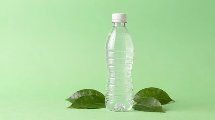 A clear plastic water bottle with a white cap surrounded by green leaves on a light green background