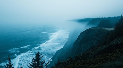 Foggy coastal cliffs with waves crashing against rocks at dusk near a serene ocean landscape