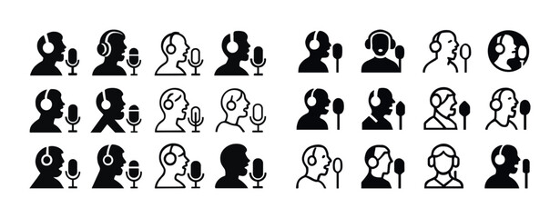 Various silhouette headphone icons with microphones