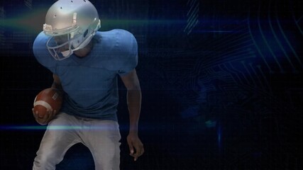Animation of digital screen with data over diverse male american football players - Powered by Adobe