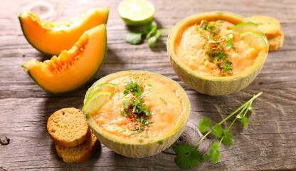 delicious refreshing melon smoothie on wooden table