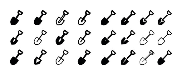 Collection of diverse shovel icons in various styles and designs